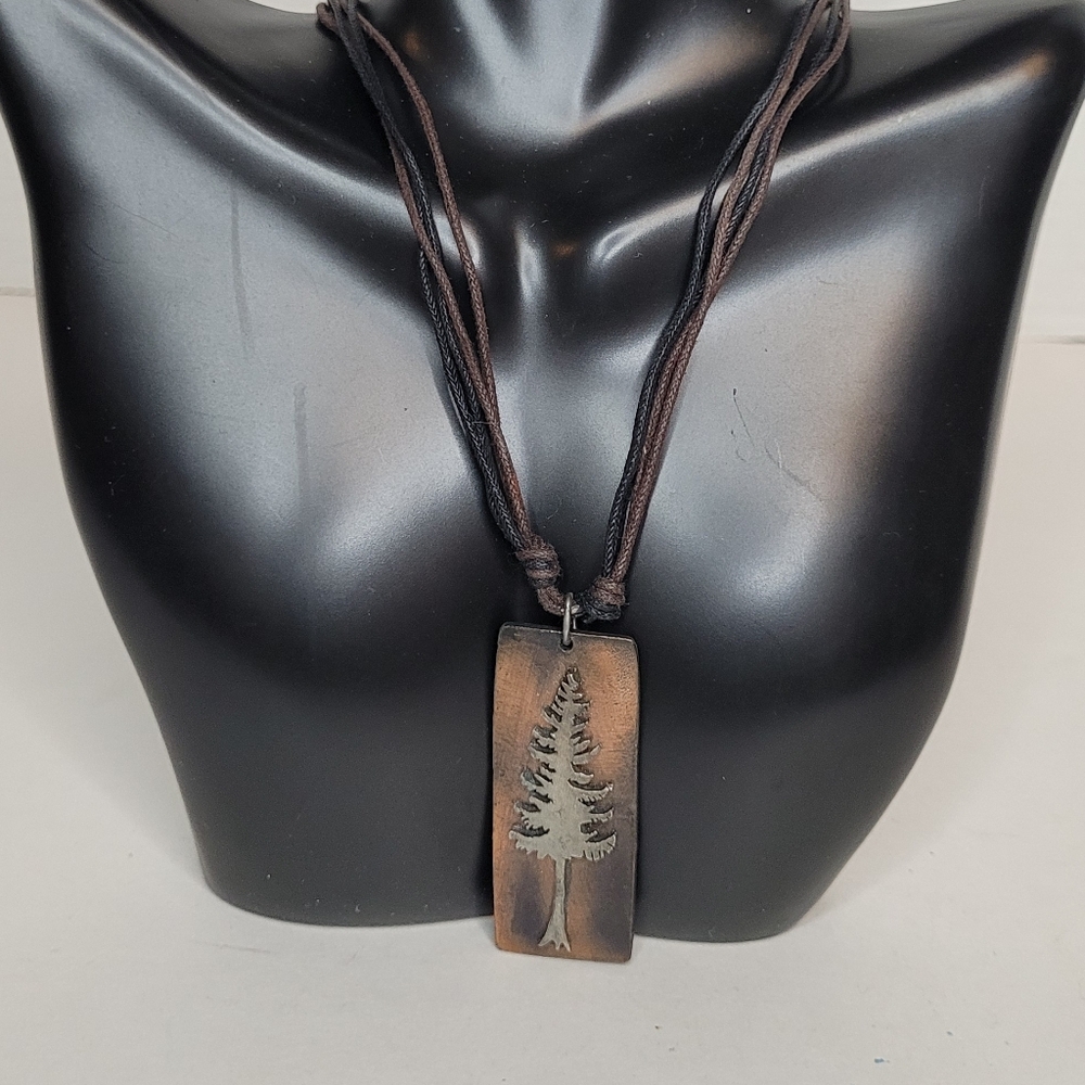 Pine Tree Pendant Necklace in Pewter and Copper Vintage